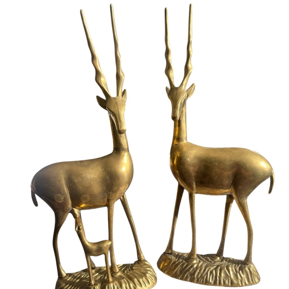 Pair of LARGE solid brass gazelle one is feeding her young 15 tall 6 inch wide